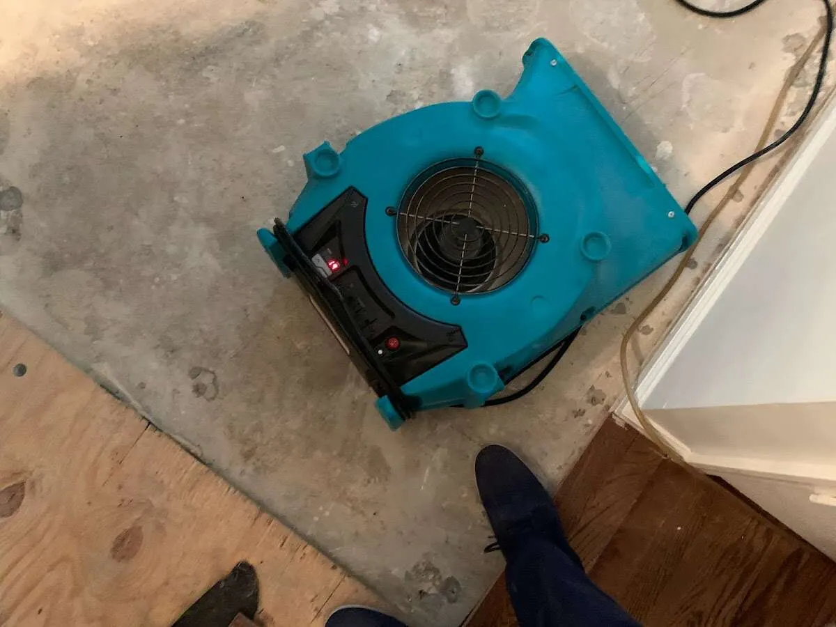 Air mover drying subfloor during Leak Detection & Repair in South Gate Ridge